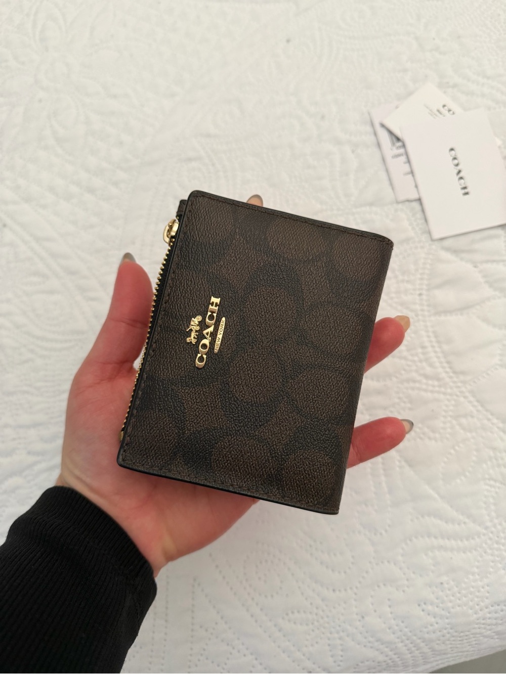 COACH Brown Signature Zip Card Holder with Gold Logo